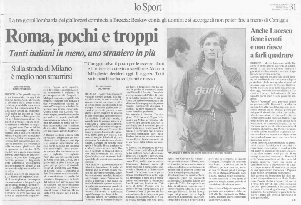 L'articolo del Messaggero sulla partita di esordio di Totti