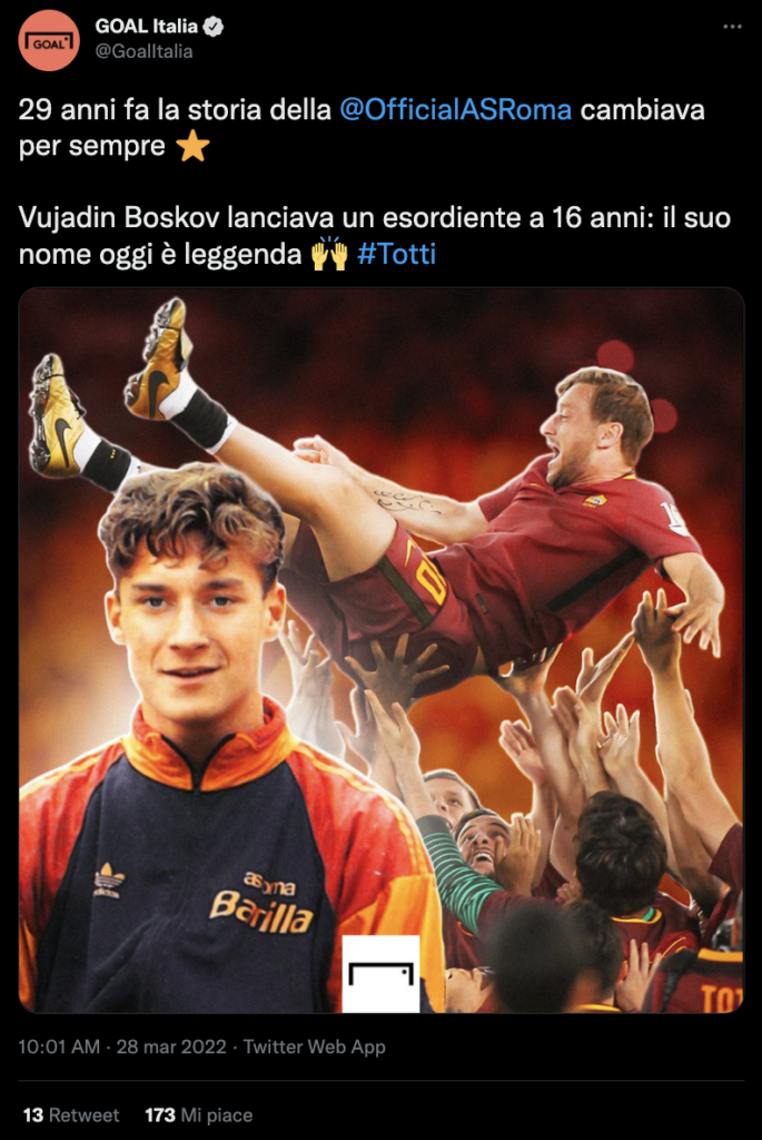 Tweet sull'anniversario di Francesco Totti