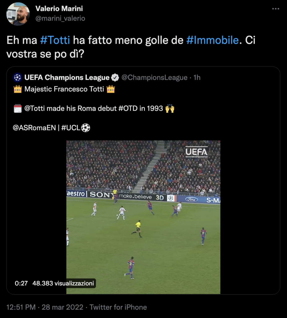 Tweet che ironizza su Francesco Totti